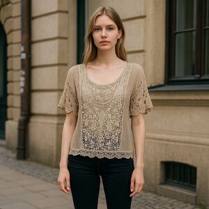 Free People Anthropologie Broen Lace Short. Sleeve Sweater Size Small Western Pr